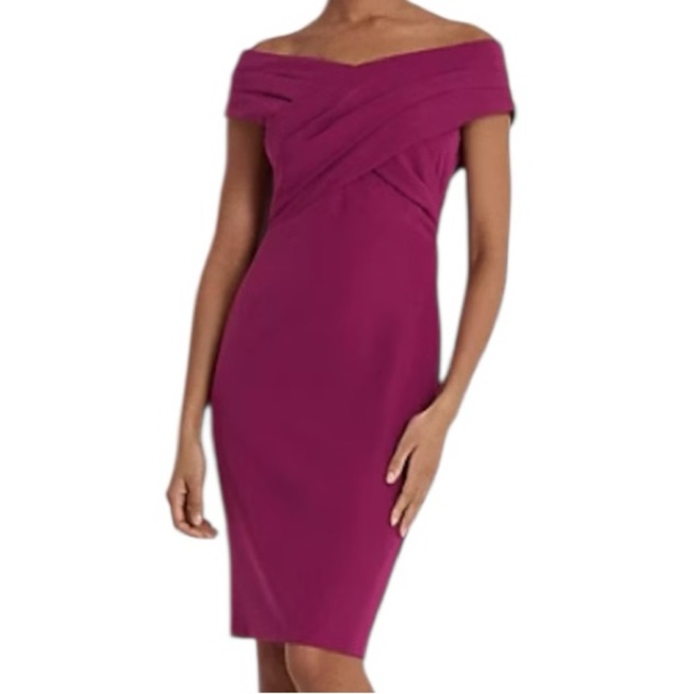 NWT Lauren Ralph‎ Lauren Crepe Off The Shoulder Cocktail Dress Plum Size 10